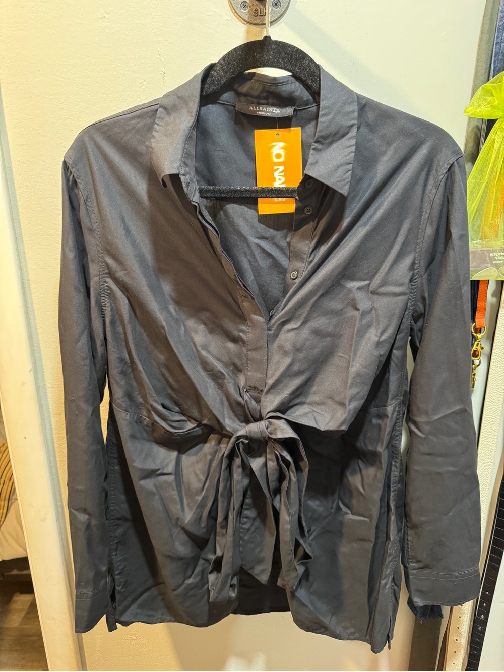 All Saints Black Tie-Front Button Shirt size M